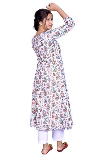 Printed Cotton White Front Slit Kurta | S3K776