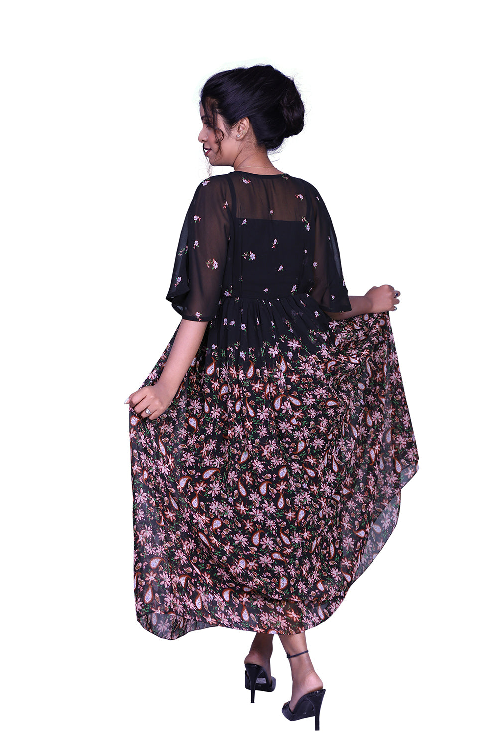 Black Floral Print Gown | S3G877