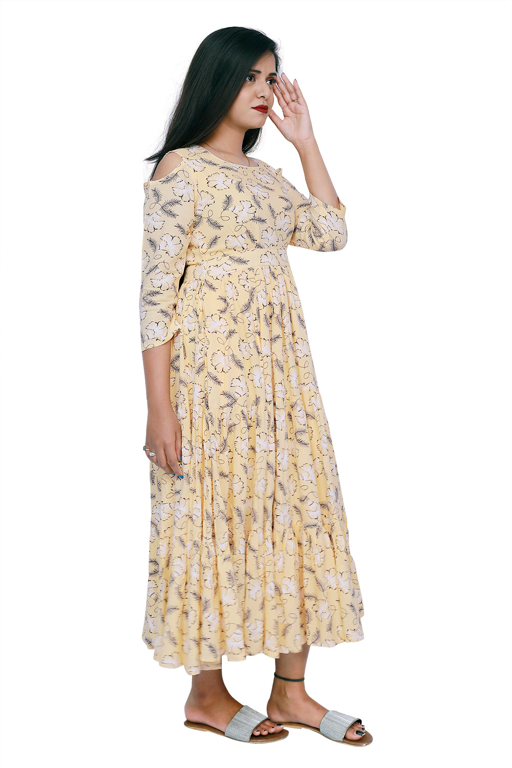 Cream Rayon Floral Printed Cold Shoulder A Line Kurta | S3D088