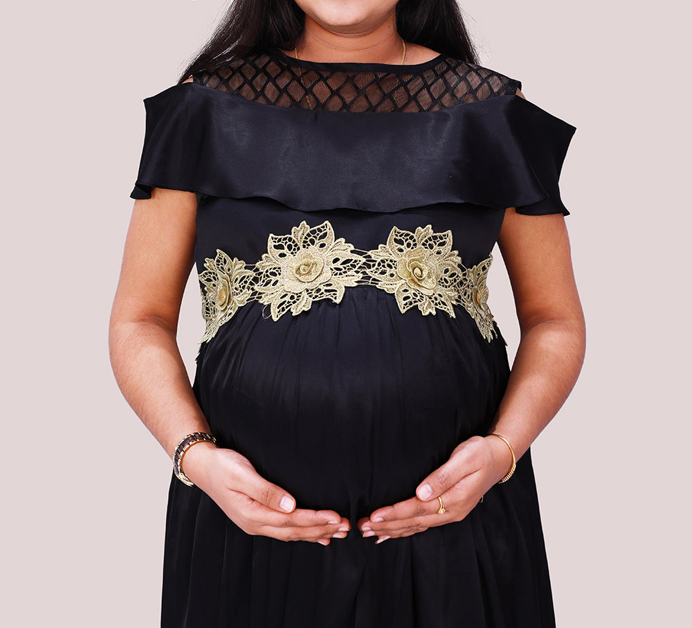 High Round Neck WIth Cold Shoulder Sleeves Party Wear Maternity Gown |  S3MG1039