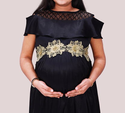 High Round Neck WIth Cold Shoulder Sleeves Party Wear Maternity Gown |  S3MG1039