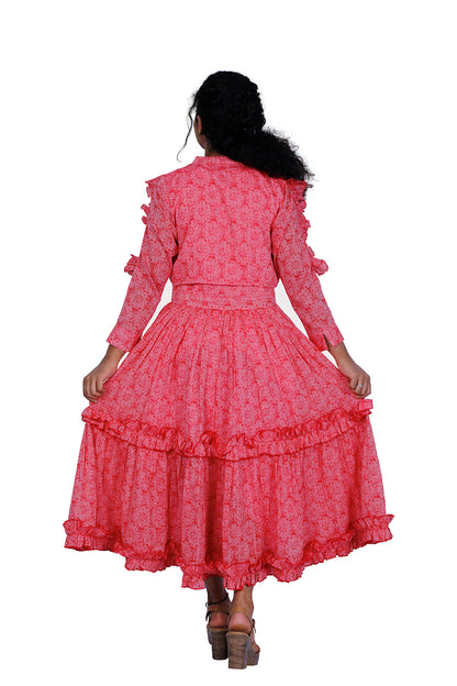 Flamingo Pink Tiered Maxi Dress With Shrug Set | S3W133