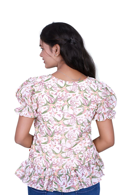 Womens Georgette Cream & Green Birds Print Short Top | S3CT822