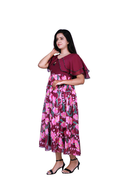 Womens Georgette Pink & Purple Floral Printed Gown | S3G887