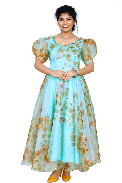 Peacock Blue Organza Floral Printed Gown | S3G843