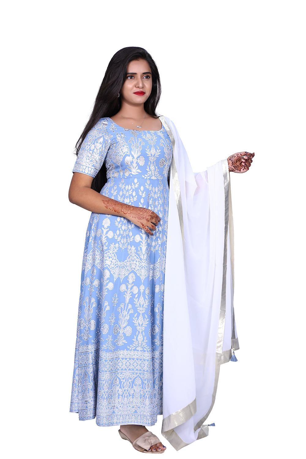 Womens Stone Blue Floral Printed Anarkali Dress with Dupatta  | S3G979