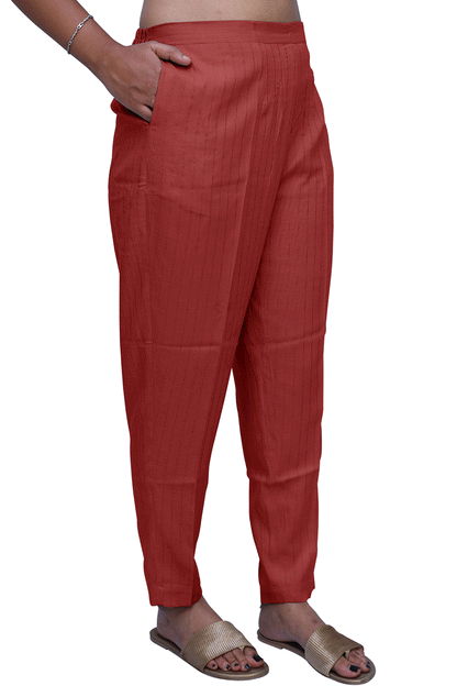Regular Fit Women Red Rayon Lurex Print Trousers |  S3RP779