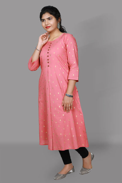 Carnation Pink Block Printed A Line Kurta | S3K1014