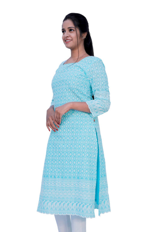 Women Chikan Embroidery A-line Kurta (blue) | S3K638