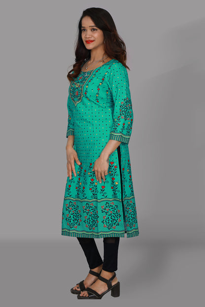 Spring Green Printed Straight Fit Kurti | S3K1010