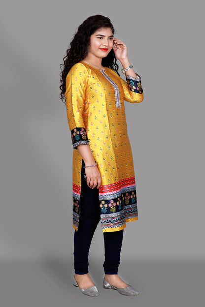 Yellow Floral Print Straight Kurti | S3K1815
