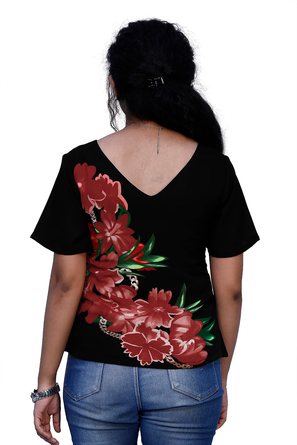 Casual Floral Print Women Black Top | S3ST241