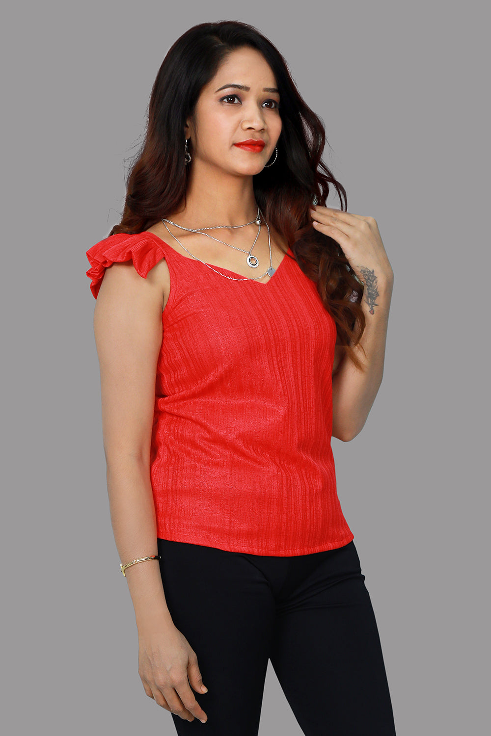 Rose Red Spandex Pleats Detail Solid Crop Top | S3CT1085