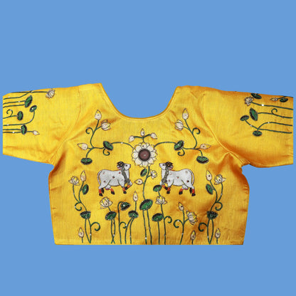 mustared Yellow Pichwai Work Blouse | S3MB42
