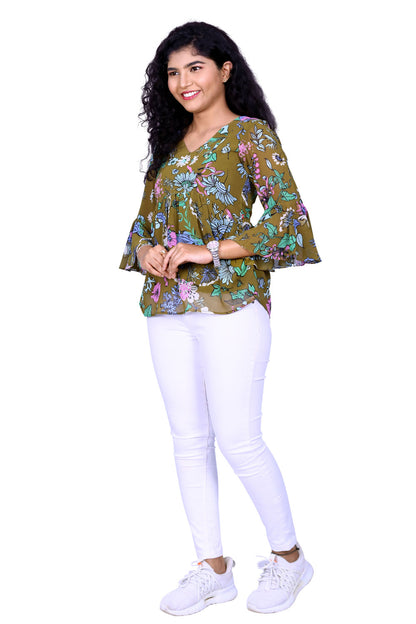 Green Floral Printed Short Top | S3CT814