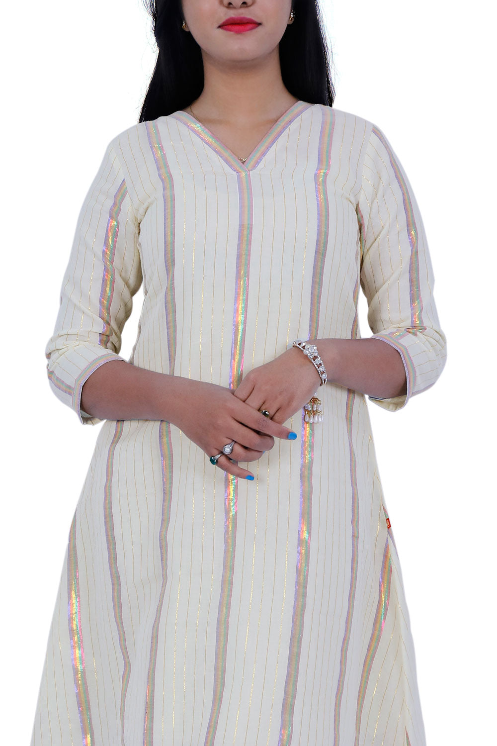 Half White & Multicolor Striped A-line Kurta | S3X164
