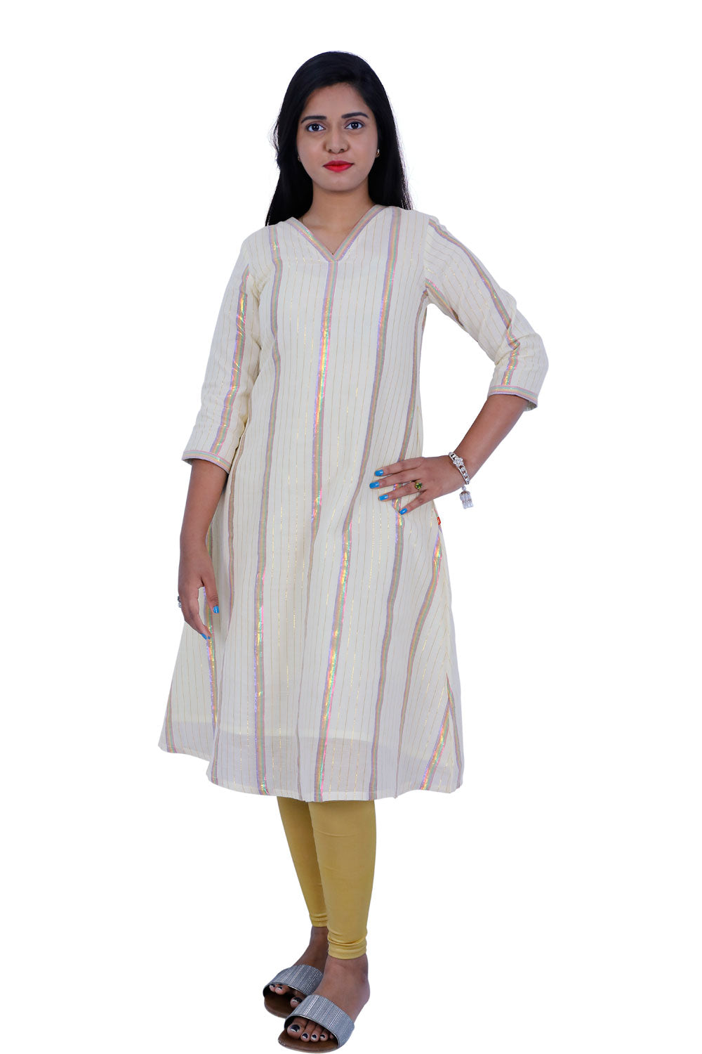 Half White & Multicolor Striped A-line Kurta | S3X164