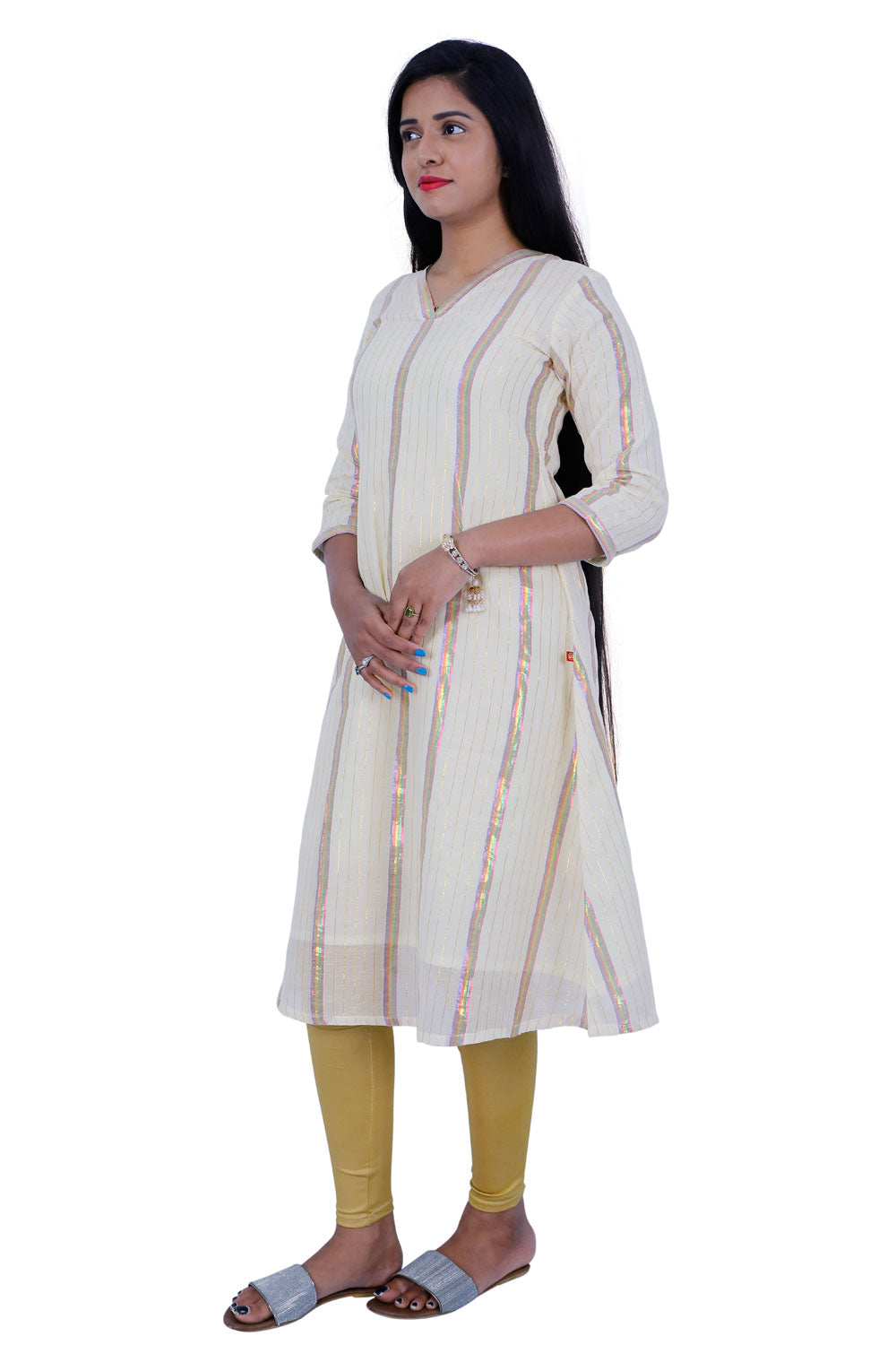 Half White & Multicolor Striped A-line Kurta | S3X164