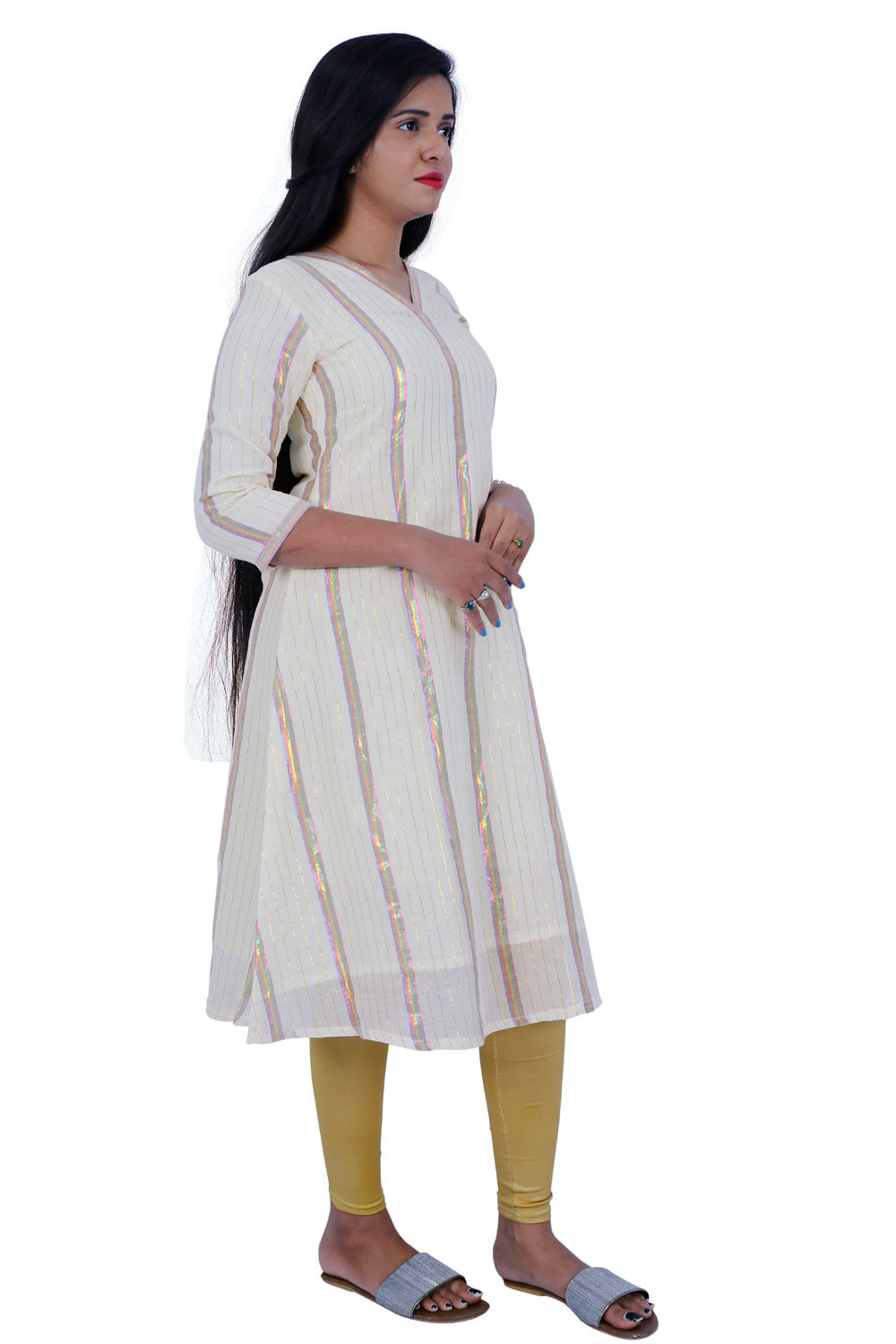 Half White & Multicolor Striped A-line Kurta | S3X164