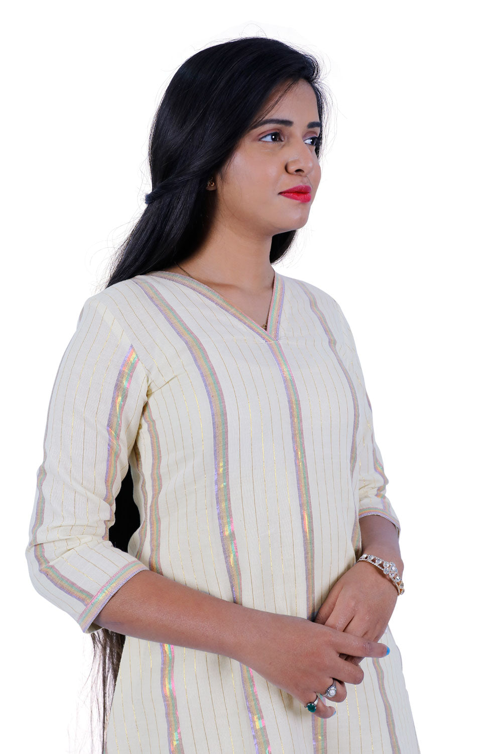 Half White & Multicolor Striped A-line Kurta | S3X164