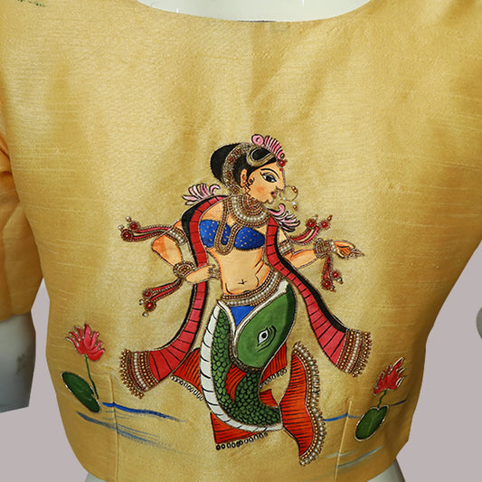 Tanjore Art Rajasthani Hand-Crafted Painting Blouse – Antique Gold | Heritage Ethnic Wear | S3MB56