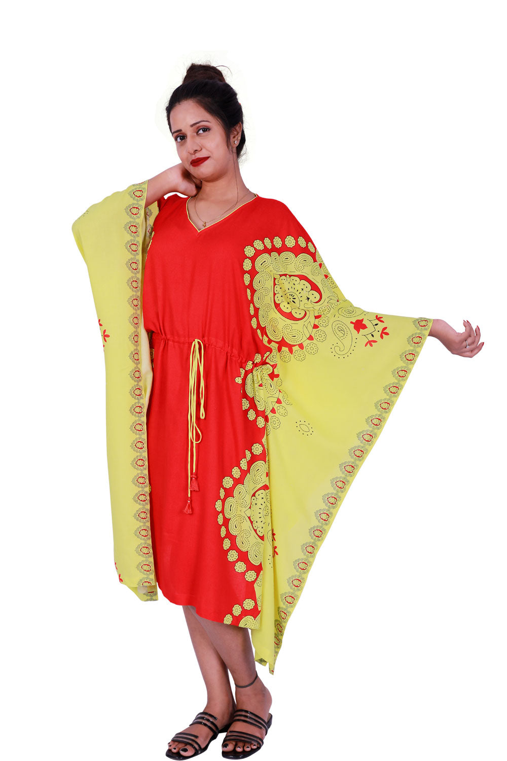 Red & Yellow Knee Length Kaftan | S3K614