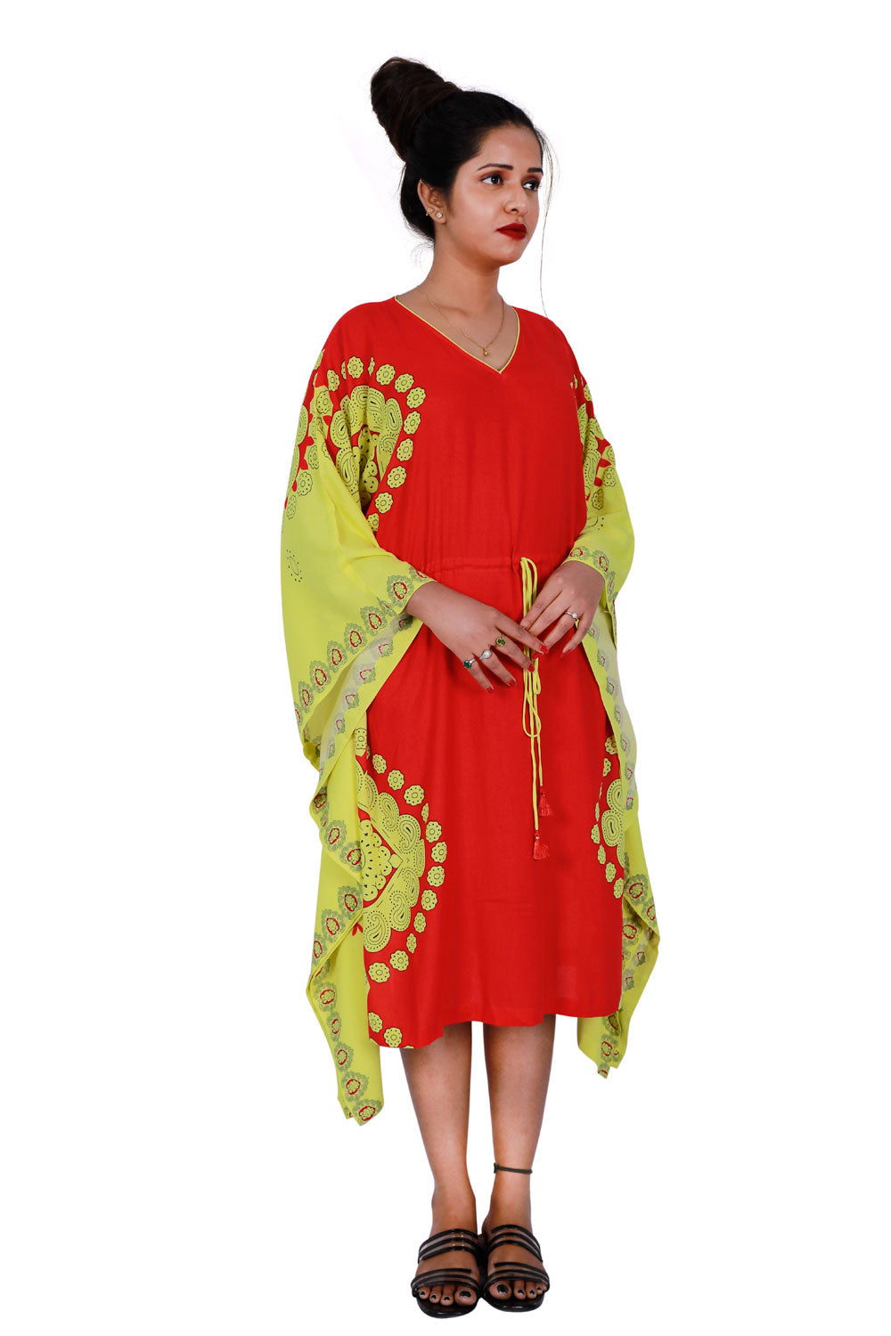 Red & Yellow Knee Length Kaftan | S3K614