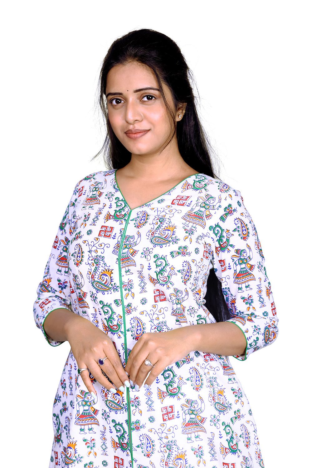 Printed Cotton White Front Slit Kurta | S3K776