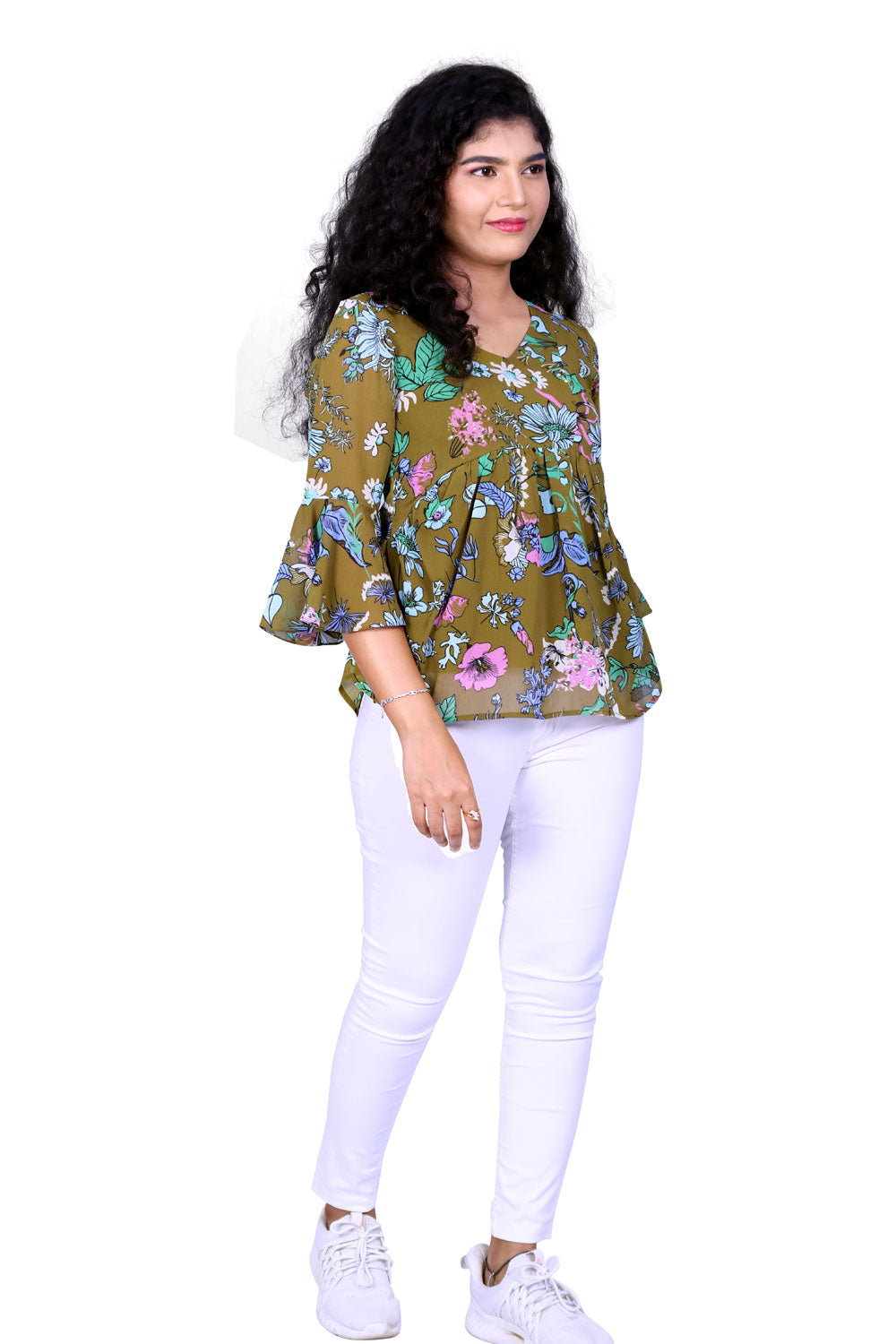 Green Floral Printed Short Top | S3CT814