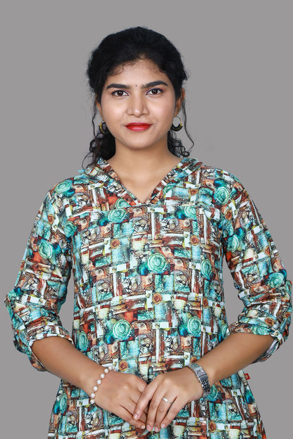 Multi Color Abstract Print A Line Kurti | S3K931