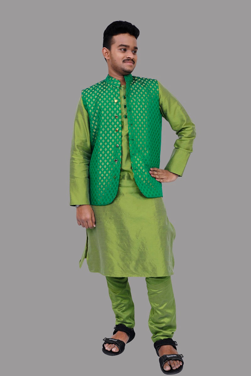Men's Green & Gold Color Sherwani Set | 35251243