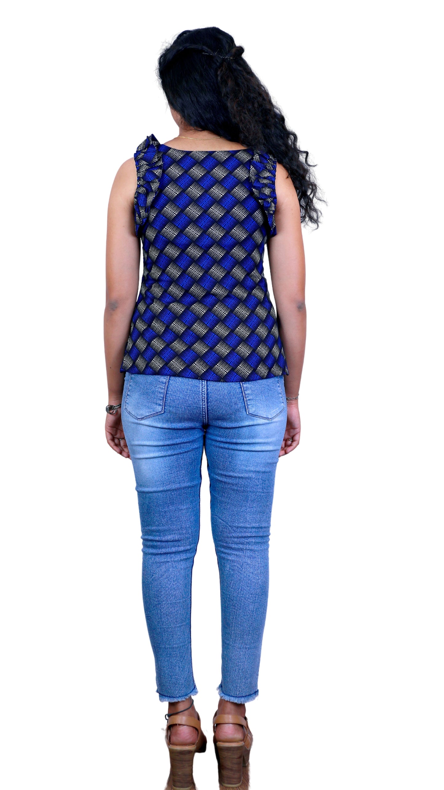 Blue & Cream Ruffles Sleeve Short Top | S3ST246