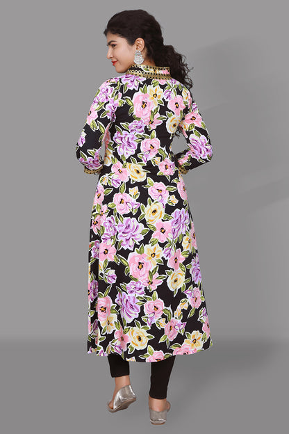Black with Floral Print Middle Slit A Line Kurti | S3K1019