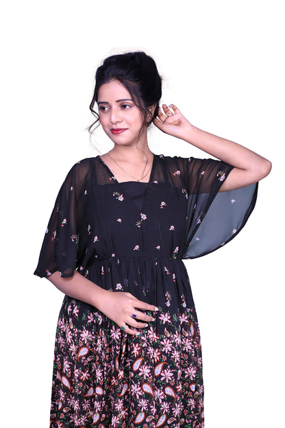 Black Floral Print Gown | S3G877