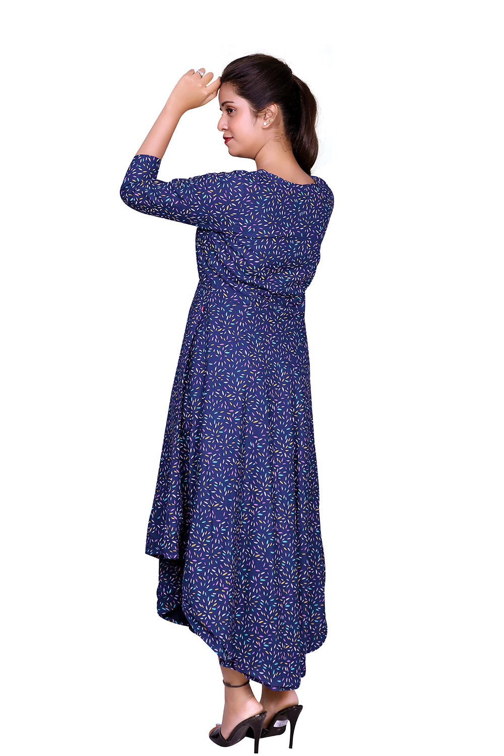 Blue Printed Viscose Rayon Front Keyhole High Low Kurta | S3G869