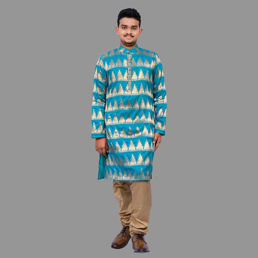 Blue & Gold Printed Kurta Pyjama Set | S3MKS