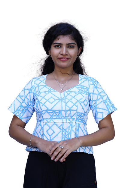 Women White and Blue Casual Printed Top | S3CT847