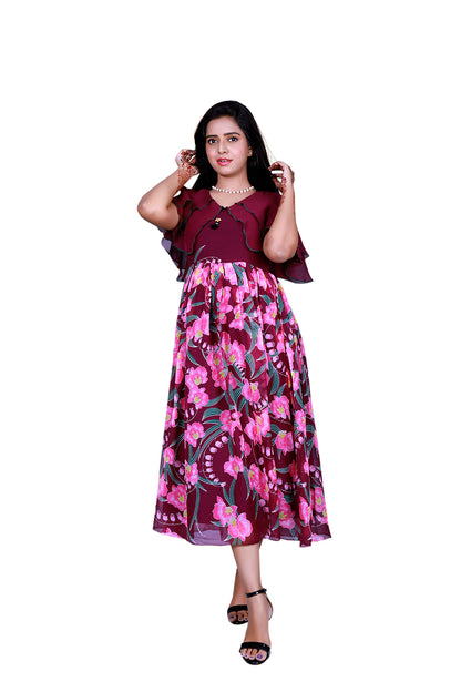 Womens Georgette Pink & Purple Floral Printed Gown | S3G887