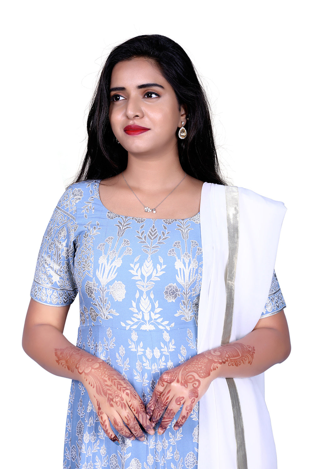 Womens Stone Blue Floral Printed Anarkali Dress with Dupatta  | S3G979