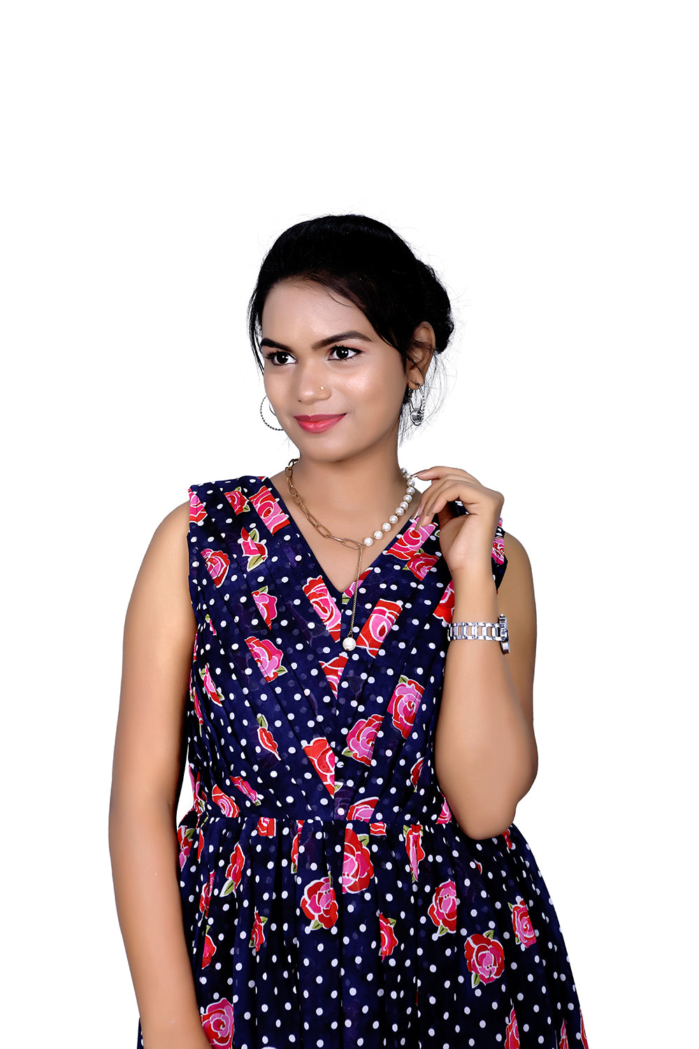 Womens Georgette Navy Blue Floral Printed Maxi | S3G934