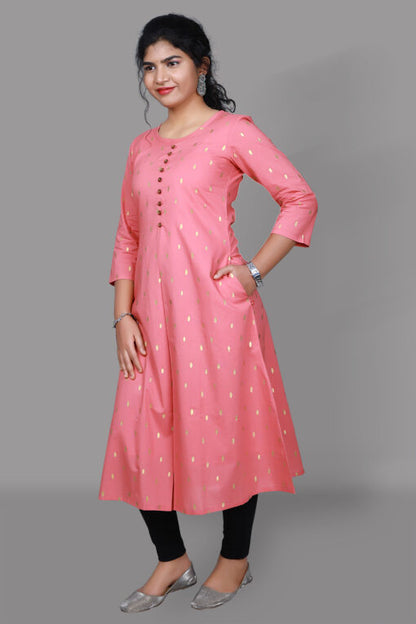 Carnation Pink Block Printed A Line Kurta | S3K1014