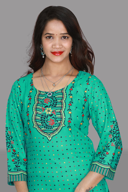 Spring Green Printed Straight Fit Kurti | S3K1010