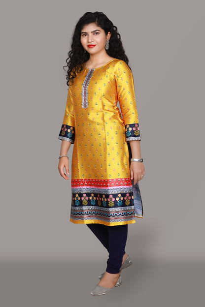 Yellow Floral Print Straight Kurti | S3K1815