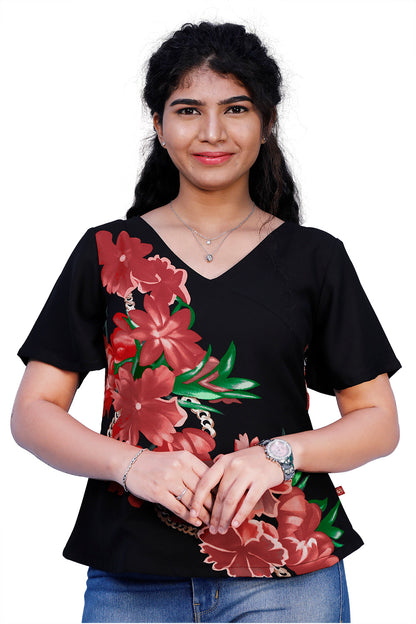 Casual Floral Print Women Black Top | S3ST241
