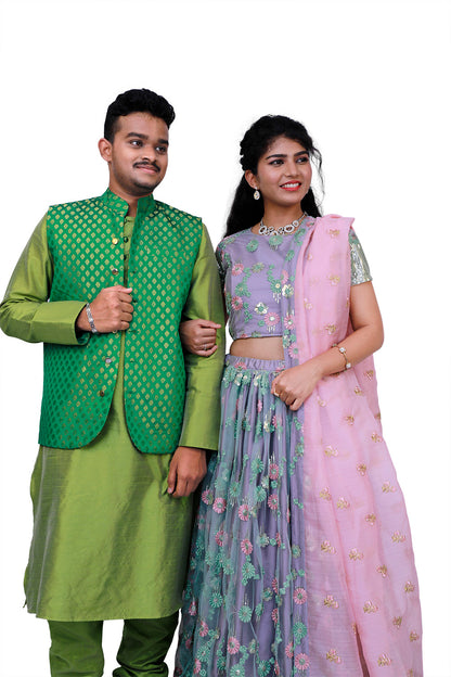 Men's Green&Gold Print Sherwani Set,Embroidery Lehenga Set Wedding Combo | S3WC2