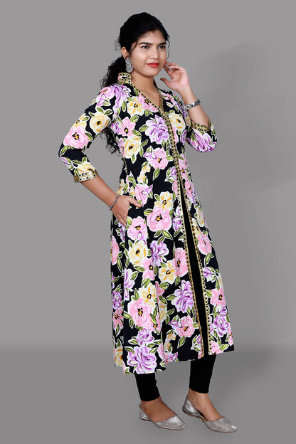 Black with Floral Print Middle Slit A Line Kurti | S3K1019