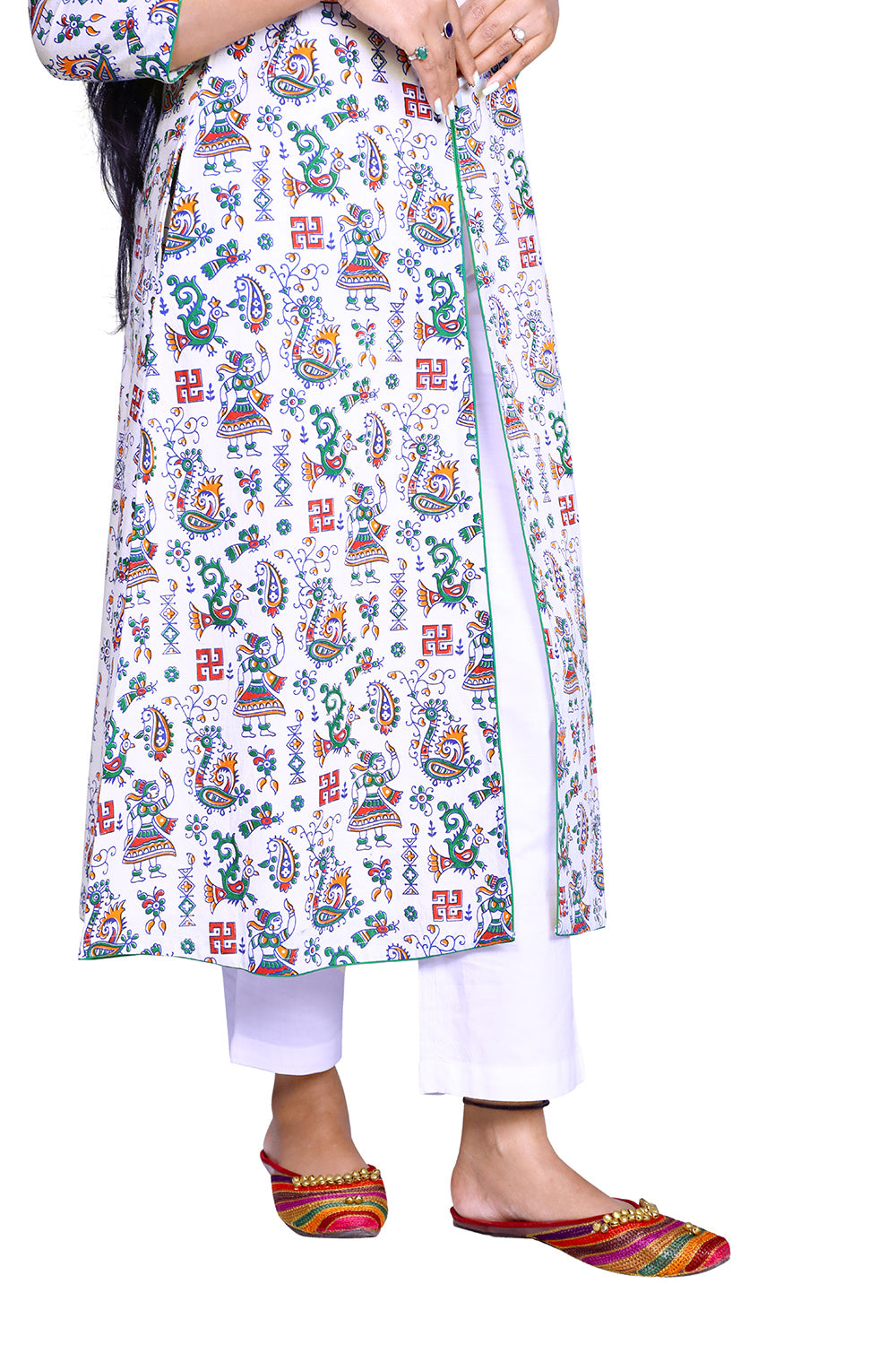 Printed Cotton White Front Slit Kurta | S3K776