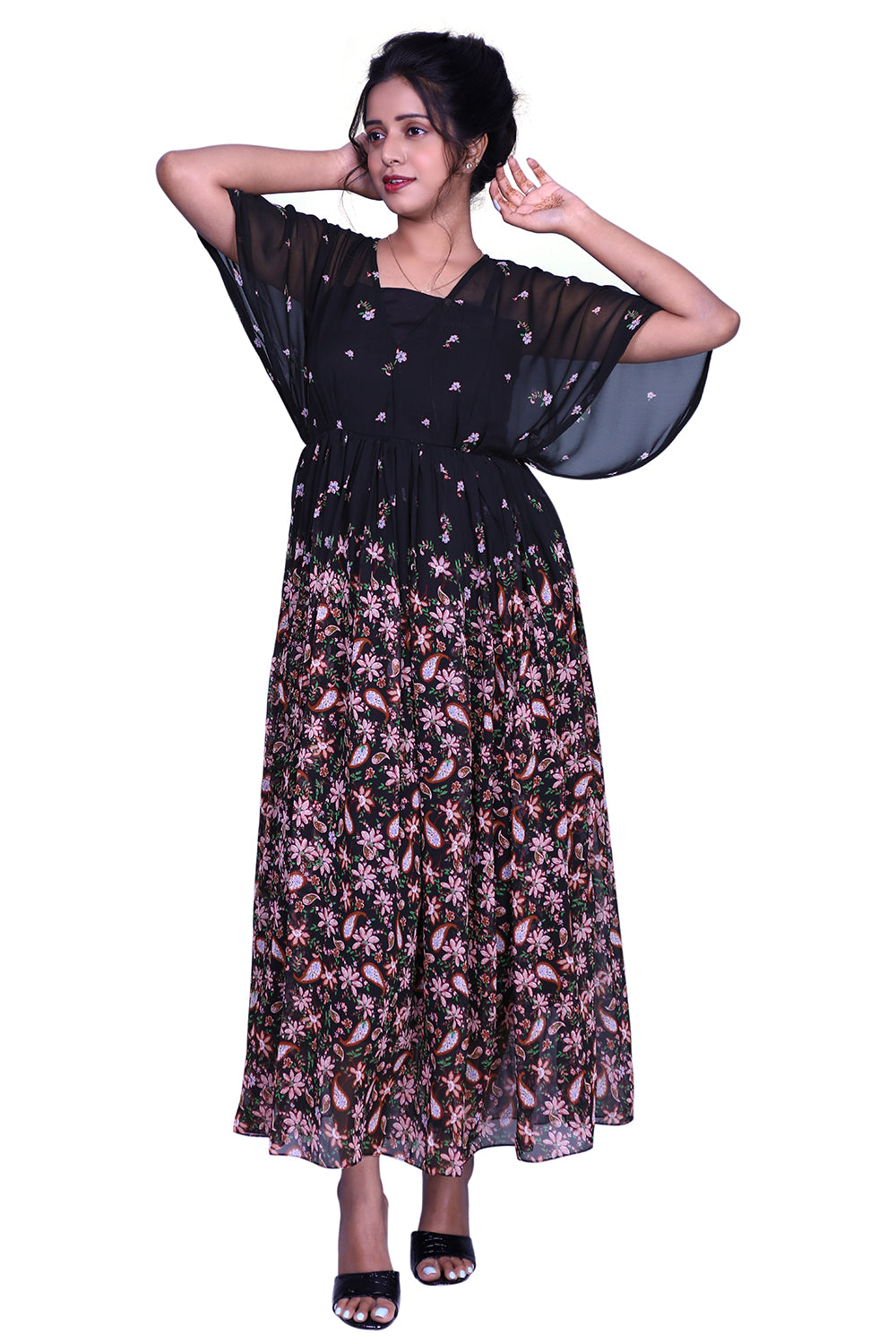 Black Floral Print Gown | S3G877