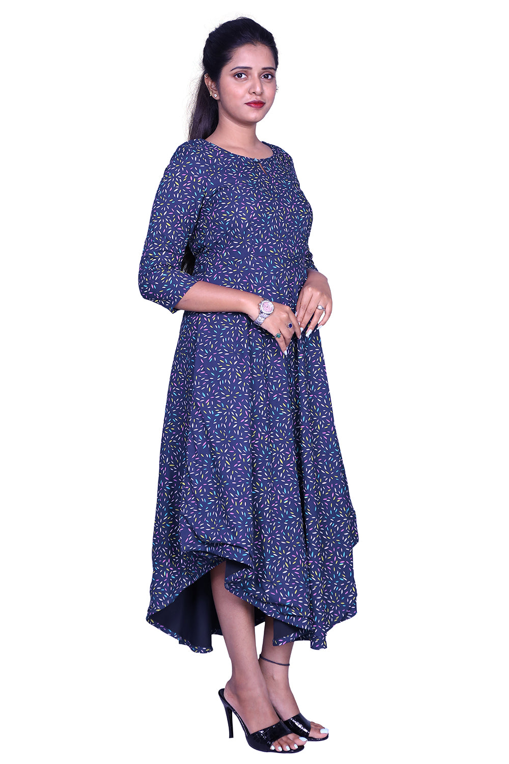 Blue Printed Viscose Rayon Front Keyhole High Low Kurta | S3G869