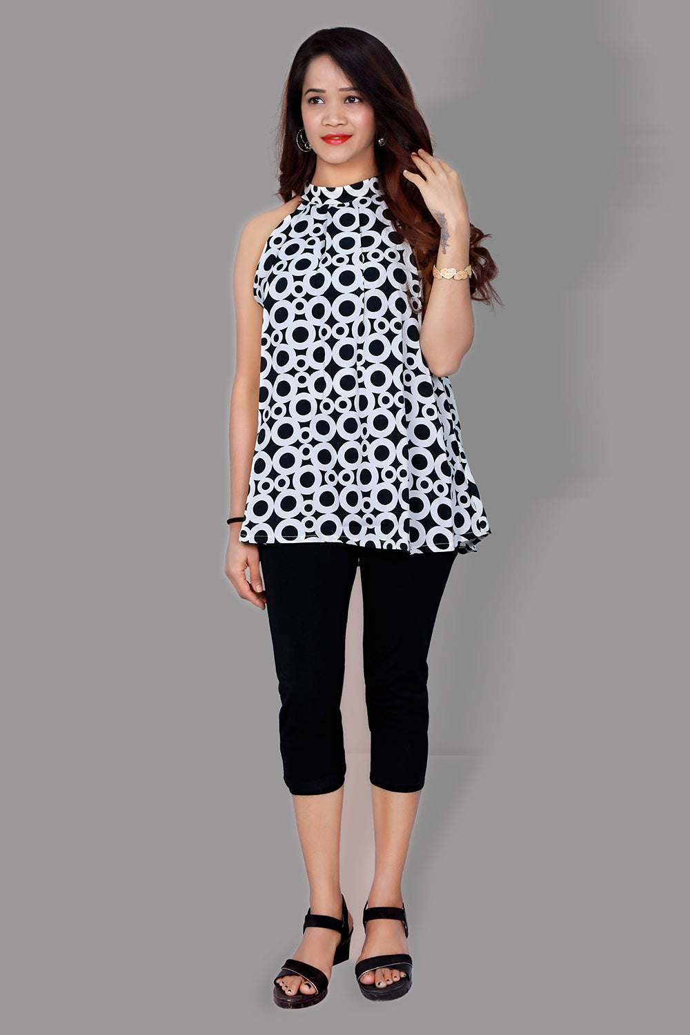 White and Black Dots Printed Sleeveless Short Top | S3CT1083